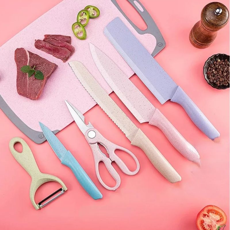 Jogo De Facas Gourmet Colorida + Tesoura E Descascador – 6 Peças
